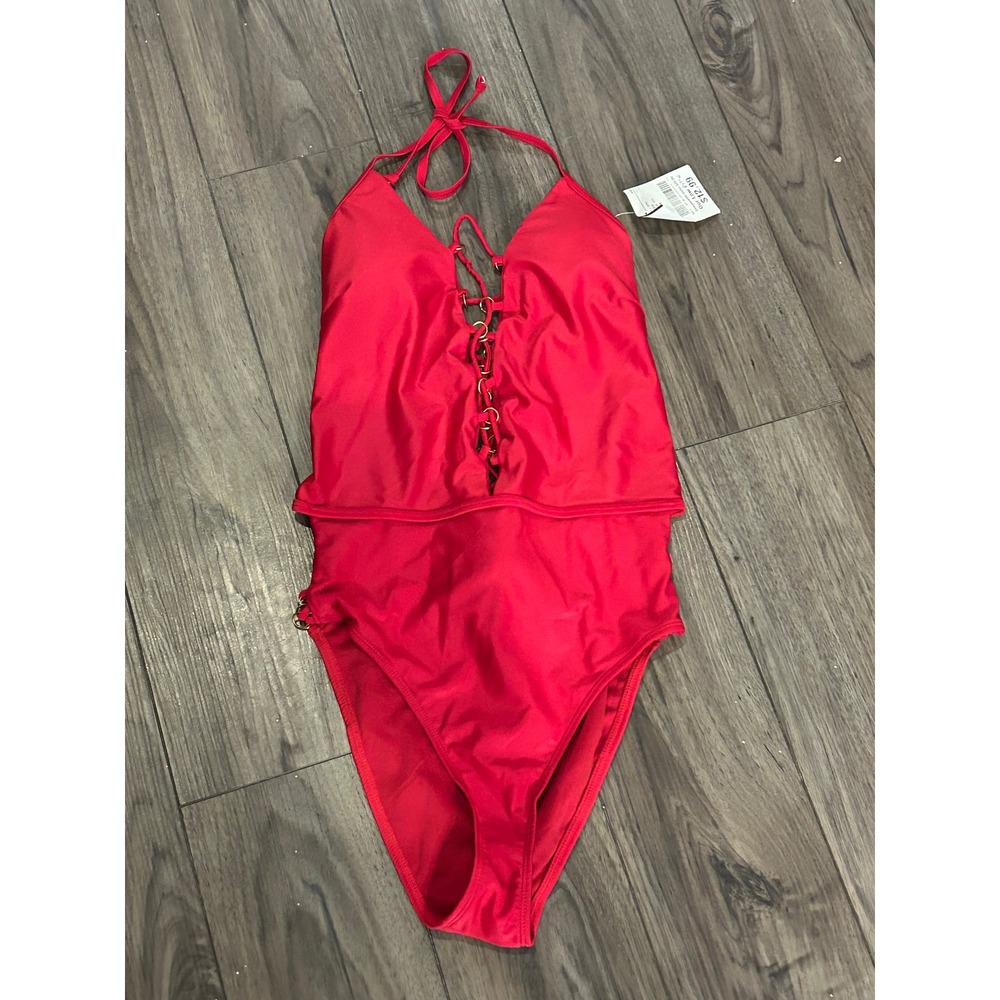 YMI Red Lace-Up One Piece Swimsuit Gold Ring Hardware Halter Neck NWT Medium - Picture 5 of 5